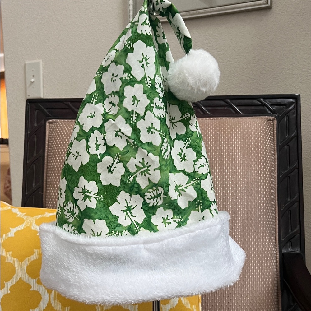 Santa hat hand made Hawaiian green and white. New